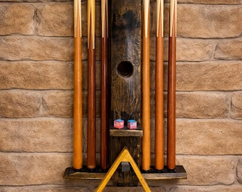 Oak Bourbon Barrel Pool Cue Rack – Rustic Billiard Game Room Organizer