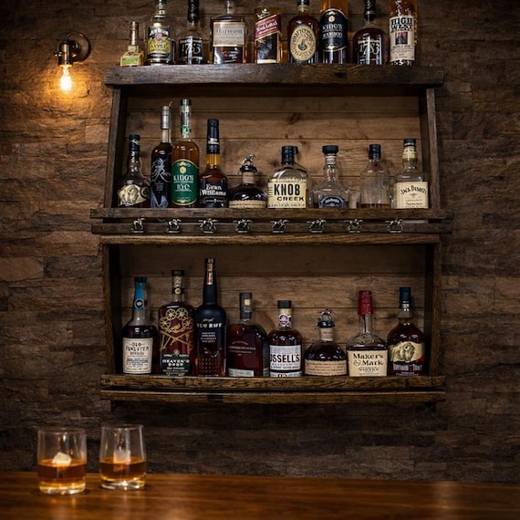 Authentic Bourbon Barrel Blanton's Display Shelf, Reclaimed Oak Wall Mounted Bottle Showcase