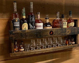 bar shelves/whiskey barrel wood/bourbon glasses/wall display cabinet/mancave decor/bourbon barrel cabinet/bourbon gift for men/spice rack