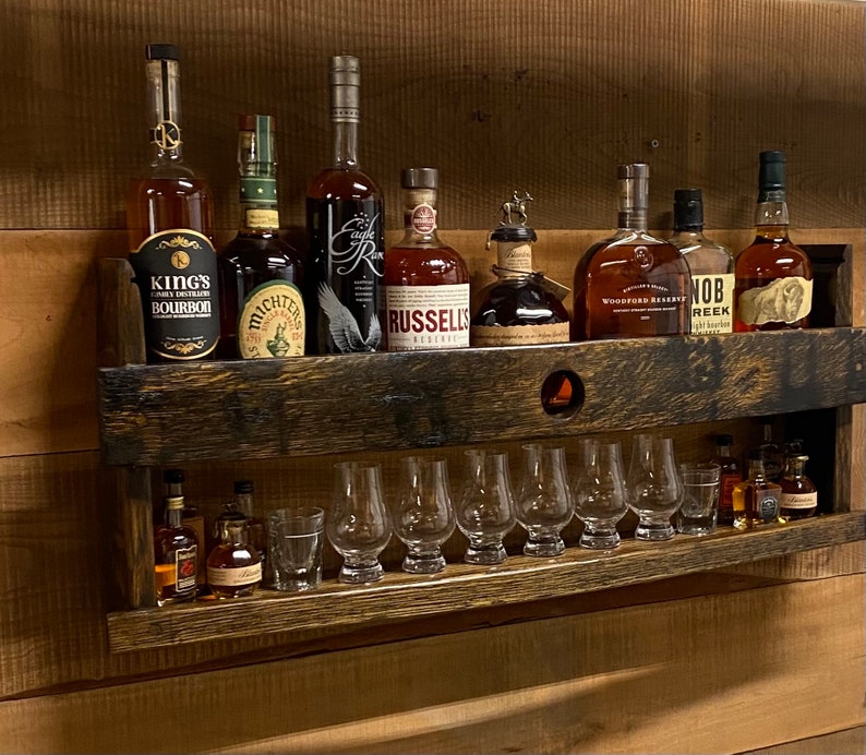 bar shelves/whiskey barrel wood/bourbon glasses/wall display cabinet/mancave decor/bourbon barrel cabinet/bourbon gift for men/spice rack image 1