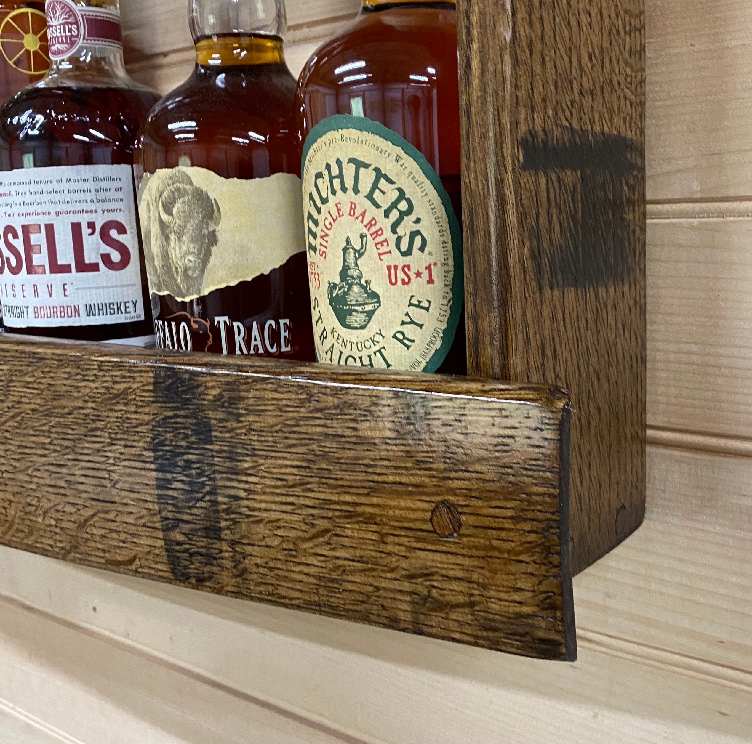 Liquor Bottle Display Shelf Whiskey Barrel Wall Shelf - Rustic Oak ...