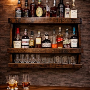 Bourbon Barrel Stave Shelf - Whiskey Glass Holder, Handmade Wall Mounted Oak Bar