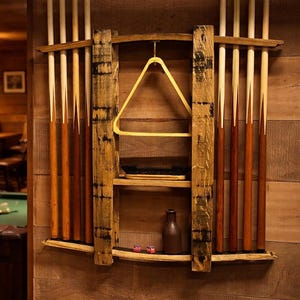 Bourbon Barrel Pool Cue Rack – Oak Wall-Mounted Game Room Organizer – Handmade Man Cave Decor