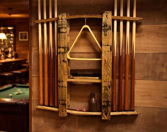 Bourbon Barrel Pool Cue Rack – Oak Wall-Mounted Game Room Organizer – Handmade Man Cave Decor