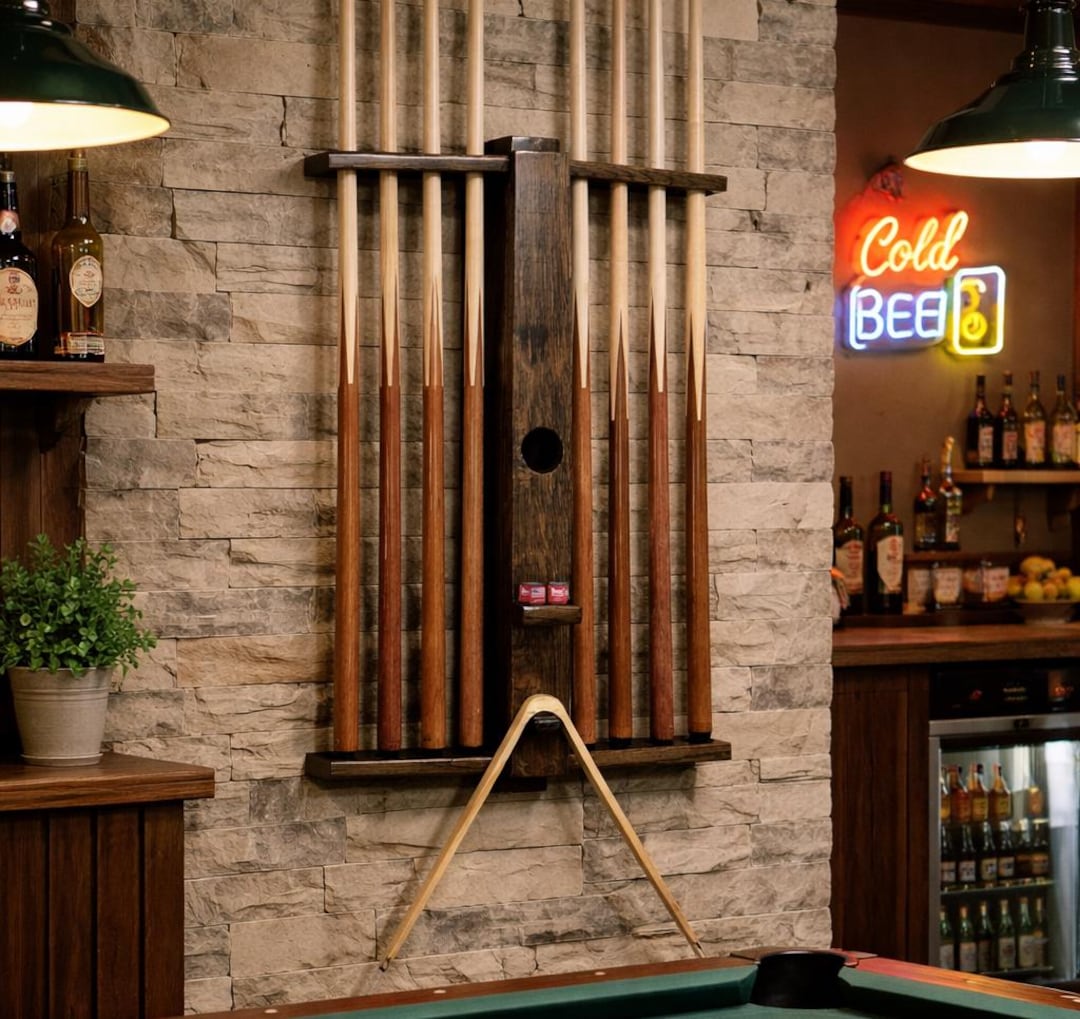Bourbon Barrel Stave Pool Cue Rack - Rustic Billiards Decor - Etsy