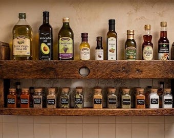 Spice Rack Shelf Unique Bourbon Stave - Whiskey Barrel Wall Cabinet - Heavy Duty Kitchen Storage Shelf - Authentic Wood Spice Organizer