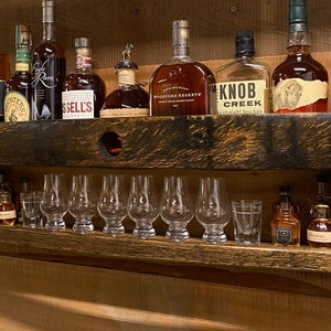 bourbon cabinet/bourbon glasses/liquor shelf for wall/whiskey barrel wood/man cave furniture/bourbon lover gift/whiskey bottle shelf/gin bar