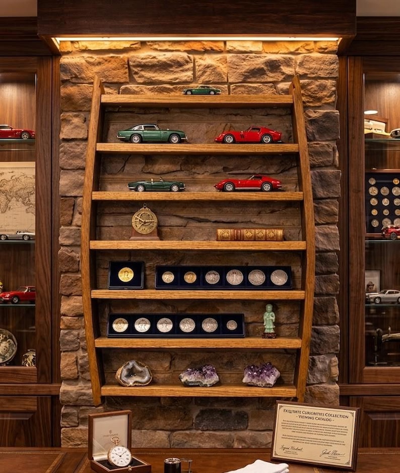 May include: A wooden wall-mounted display shelf with six tiers, holding various die-cast model cars, a brass astrolabe, a book, two coin display cases, a small figurine, and three mineral specimens, all set against a textured stone wall background.