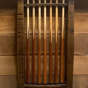 pool cue rack/bourbon barrel wood/8 ball pool/barrel furniture/whiskey gifts/whiskey rack/unique bourbon gifts for him/pool player gift