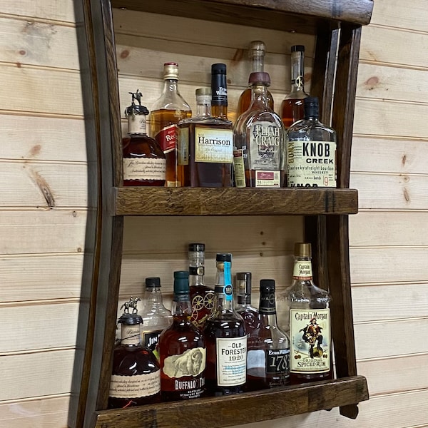 bourbon whiskey barrel/home bar shelves/wall mounted alcohol shelf/mancave furniture/bar decor/mancave decor ideas/bourbon gifts for him