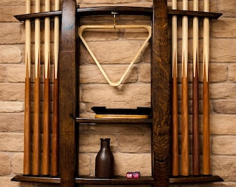 Whiskey Barrel Stave Pool Cue Rack – Wall-Mounted Oak Pool Room Shelf – Handmade