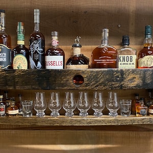 bar shelves/whiskey barrel wood/bourbon glasses/wall display cabinet/mancave decor/bourbon barrel cabinet/bourbon gift for men/spice rack image 2