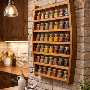 May include: A wall-mounted wooden spice rack with a curved frame holding six horizontal shelves. Each shelf contains a row of clear glass square jars with light brown wooden lids, filled with various colorful ground spices and dried herbs.