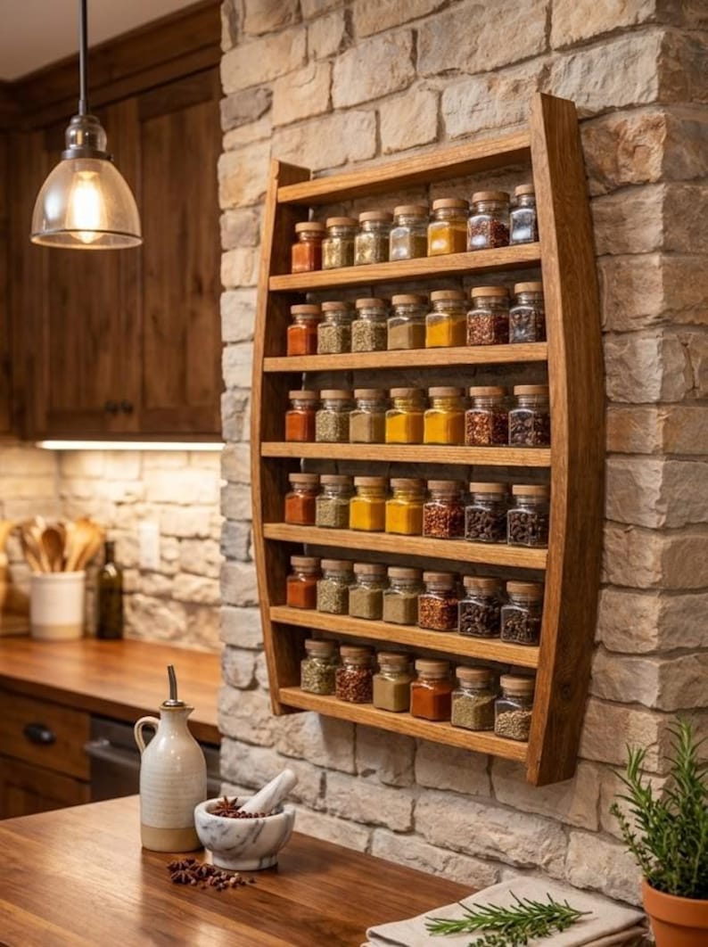 May include: A wall-mounted wooden spice rack with a curved frame holding six horizontal shelves. Each shelf contains a row of clear glass square jars with light brown wooden lids, filled with various colorful ground spices and dried herbs.