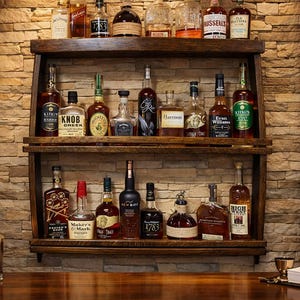 Solid Oak Whiskey Shelf – Authentic Bourbon Barrel Stave Bar Decor – Handcrafted