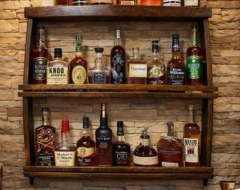 Solid Oak Whiskey Shelf – Authentic Bourbon Barrel Stave Bar Decor – Handcrafted