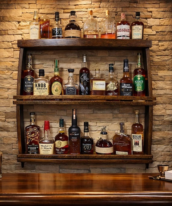 Solid Oak Whiskey Shelf – Authentic Bourbon Barrel Stave Bar Decor – Handcrafted
