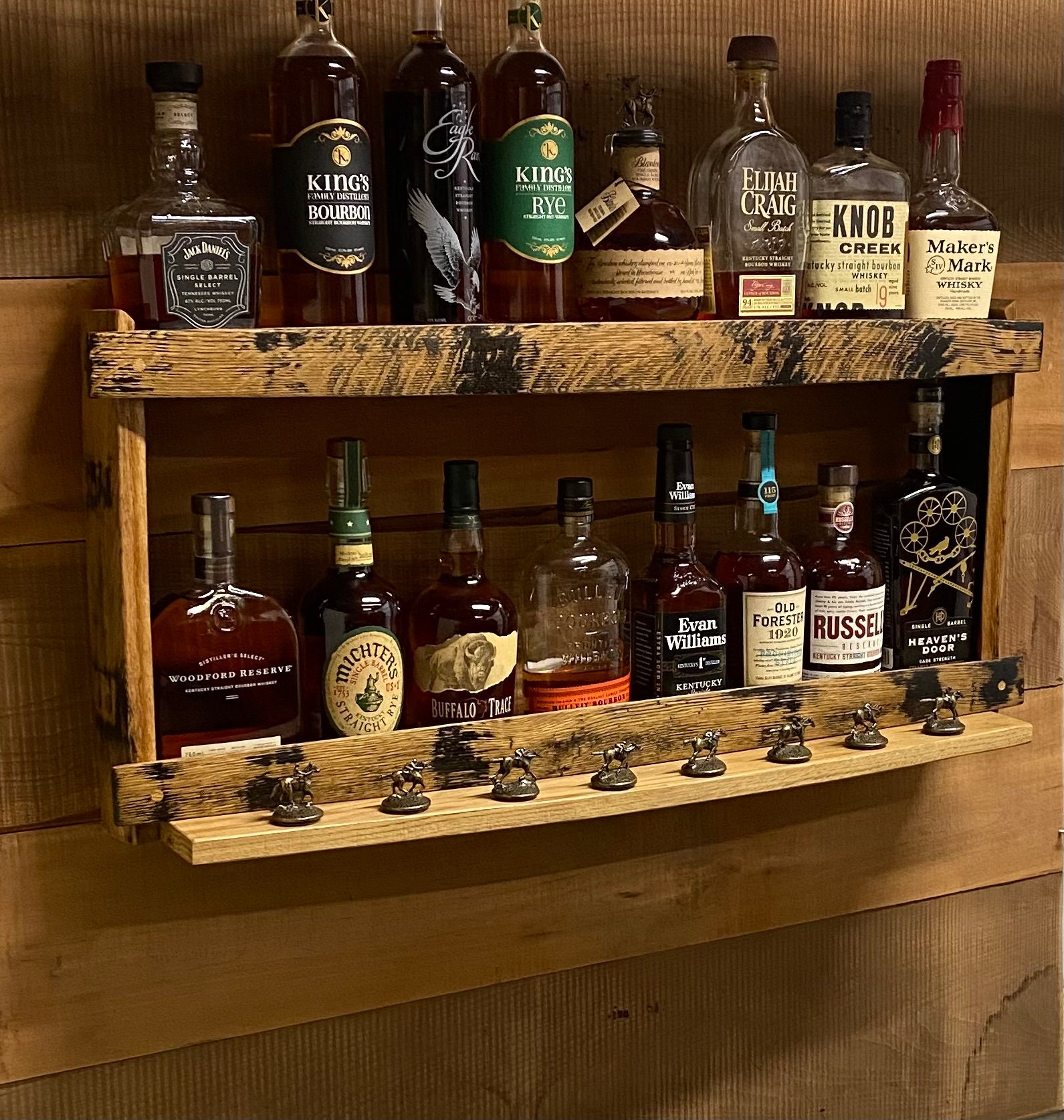 Blantons stopper display/whiskey barrel wood/bourbon glasses