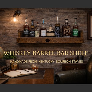 Bourbon Barrel Stave Shelf, Rustic Oak Wall Mounted Bar Display