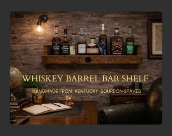 Bourbon Barrel Stave Shelf, Rustic Oak Wall Mounted Bar Display