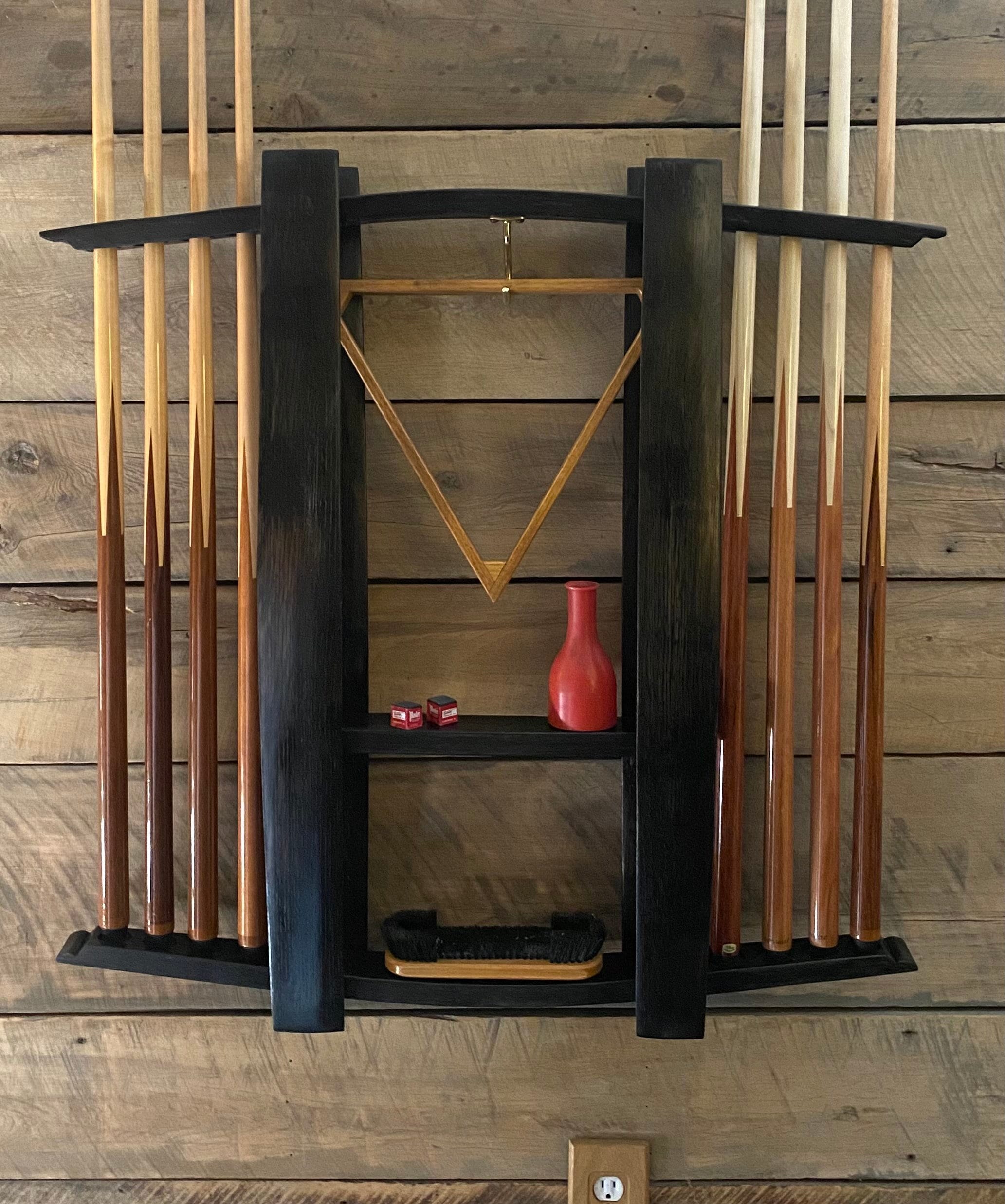 pool cue rack/wall mounted pool cue holder/barrel staves/barrel furniture/cue ball/whiskey decor/pool table/bourbon gifts/game shelf/
