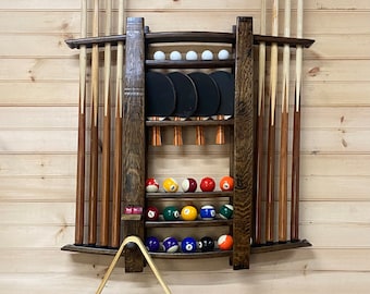 pool cue rack/8 ball pool/work from home/upcycled furniture /pool cue stick/ping pong table/ping pong balls/game furniture/barrel furniture