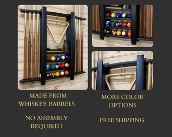 pool cue rack/bourbon gifts/cue ball/pool table/rec room/billiards decor/barrel staves/pool stick/mancave decor/game furniture