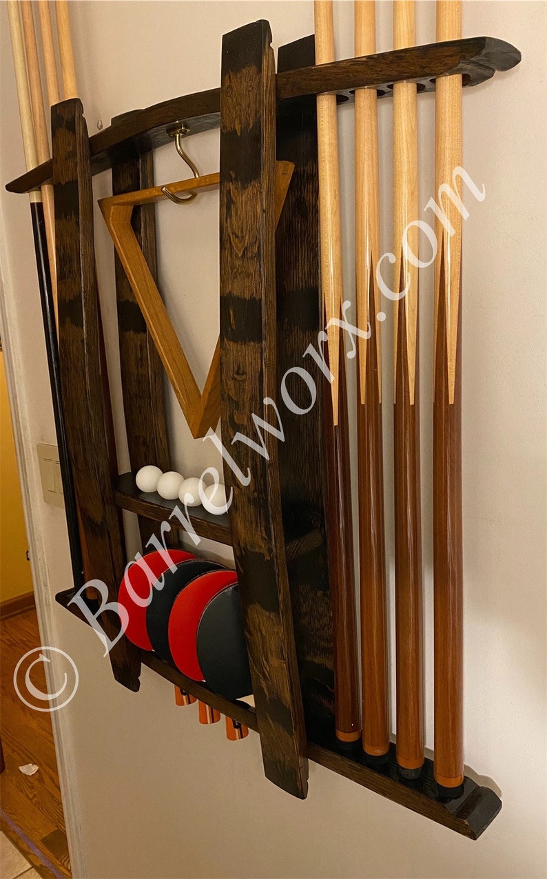 Pool cue rack / whiskey barrel wood / pool cue / upcycled Etsy