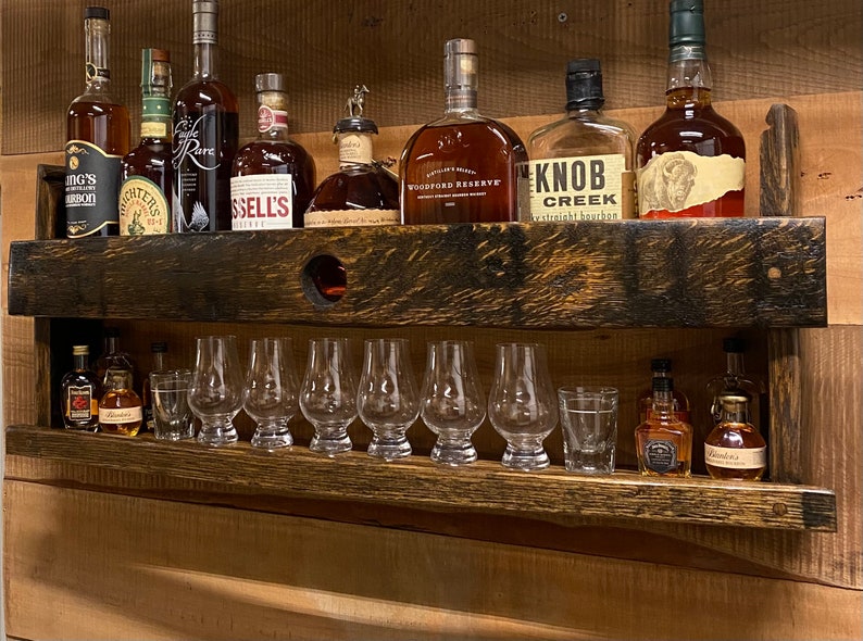 bar shelves/whiskey barrel wood/bourbon glasses/wall display cabinet/mancave decor/bourbon barrel cabinet/bourbon gift for men/spice rack image 3