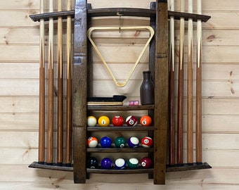 pool cue rack /whiskey barrel wood/work from home/8 ball pool/bourbon gifts/rec room/whiskey rack/upcycled furniture/whiskey barrel stave