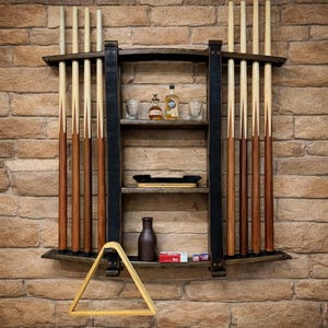 Whiskey Barrel Stave Pool Cue Rack – Inverted Design – Wall-Mounted Oak – Handmade