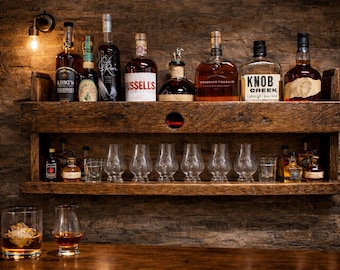Bourbon Barrel Wood Wall Bar: Rustic Liquor & Shot Glass Display
