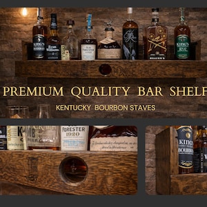 whiskey barrel cocktail cabinet bar/bourbon gifts for husband/rustic wall mounted wood shelves