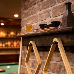 Handmade Bourbon Barrel Pool Cue Rack - Oak Billiard Accessory Shelf Game Room Decor