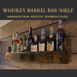 wall mounted whiskey barrel bar/drinks cabinet/bourbon gifts/bar cart accessories//cocktail cabinet/shot glass display/rustic wood shelves