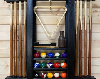 pool cue rack/bourbon barrel stave/8 ball pool/pool decor/pool stick/pool stick/pool chalk/man cave decor ideas/game furniture/shou sugi ban