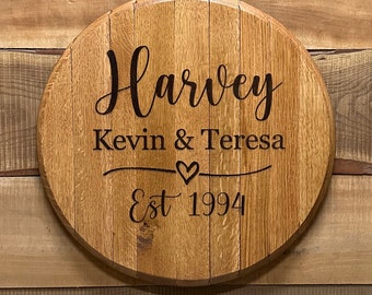 family name sign wood/bourbon gifts/bourbon barrel head/whiskey barrel head/whiskey barrel lid/barrel top sign/whiskey barrel top