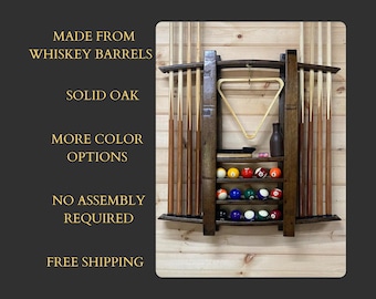 pool cue rack/pool stick/cue ball/game shelf/mancave decor/barrel furniture/work from home/bourbon gifts/upcycled furniture/barrel staves