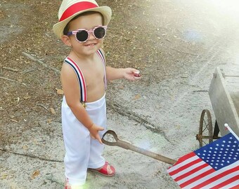 Child's Costume  White Pants  Hat  Suspenders   4th of July  Patriotic Costume  Red White Blue    ASK B4 You buy Specific Date Needed