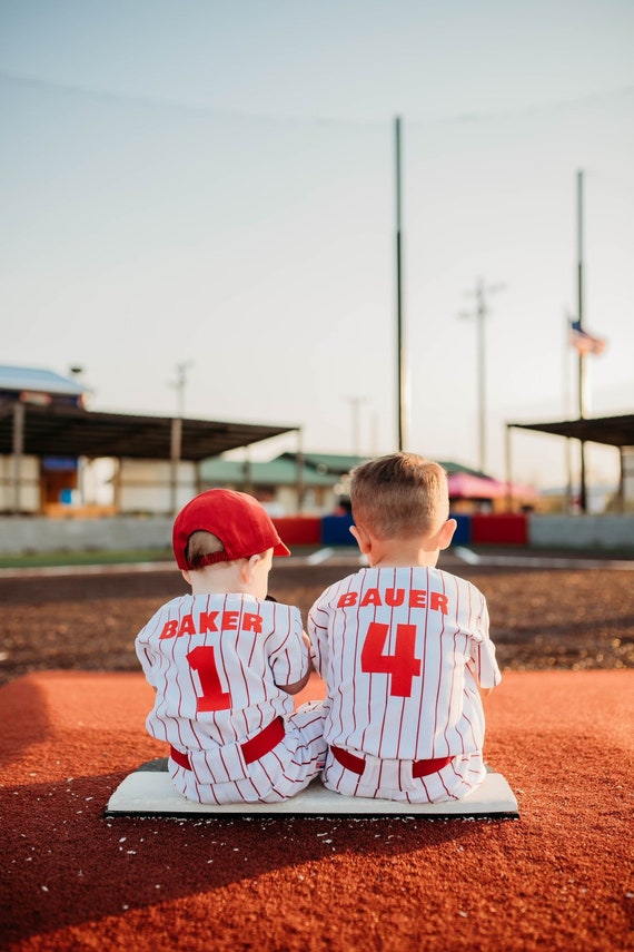 Boys Baseball Uniform Kids Jersey Red Pinstripe Pants & Jersey 