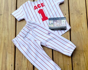 Boys Baseball Uniform Kids Jersey Red Pinstripe Pants & Jersey 
