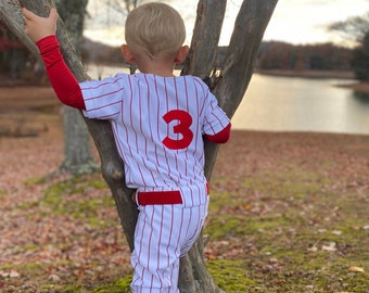 Boys Baseball Uniform -  1st Birthday -   Red Pinstripe Pants & Jersey -   Includes number only  -   Ask B4 You Buy specific date needed