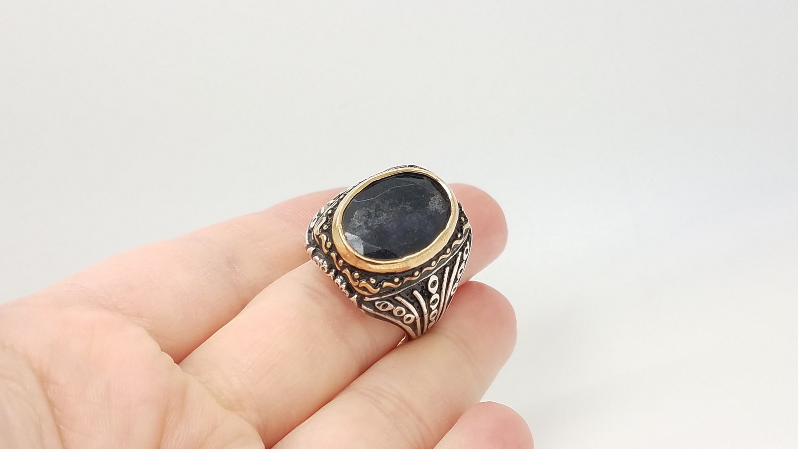 Men's 925 Sterling Silver Black Quartz Ring Size 10 Etsy