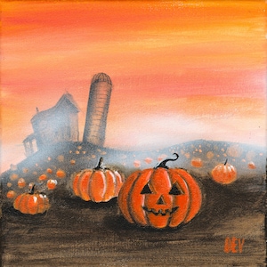May include: An orange and brown Halloween-themed painting. The artwork depicts a farm scene with a silo, a house, and several carved pumpkins. The sky is a gradient of orange and yellow.