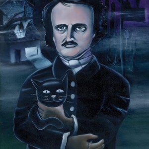 May include: An artistic painting of Edgar Allan Poe holding a black cat, with a pocket watch in his hand. The background features a gothic scene with buildings, a raven, and the text "RUE MORGUE 341". The color palette is dark with shades of blue and purple.