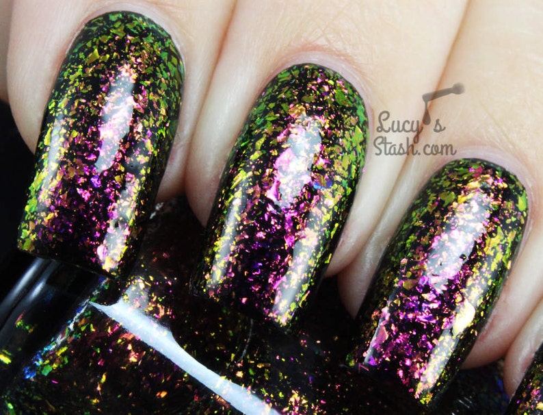 Electric Carnival Red, Pink, Gold, Green Ultra Chrome Color Shifting Flakie Nail Polish image 5