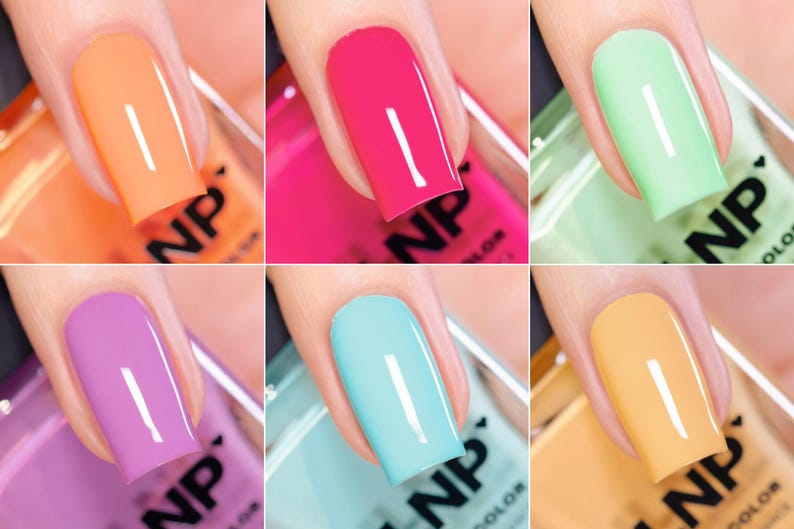 May include: Six manicured nails displaying a range of nail polish shades: orange, pink, light green, purple, turquoise, and yellow. Each nail has a glossy finish and a white vertical stripe. The bottles are labelled "NP COLOR".