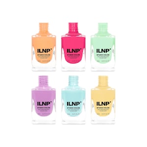 May include: Six bottles of ILNP Studio Color nail polish in shades of orange, pink, mint green, purple, light blue, and yellow. Each bottle is labelled with the brand name and product details. Each bottle contains 12ml or 0.4 fl oz.