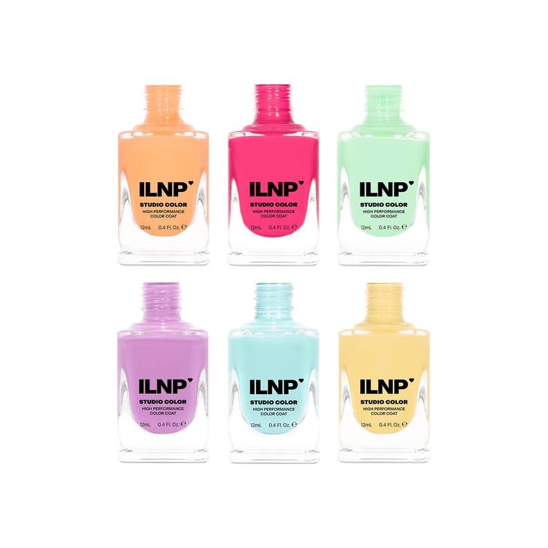 May include: Six bottles of ILNP Studio Color nail polish in shades of orange, pink, mint green, purple, light blue, and yellow. Each bottle is labelled with the brand name and product details. Each bottle contains 12ml or 0.4 fl oz.