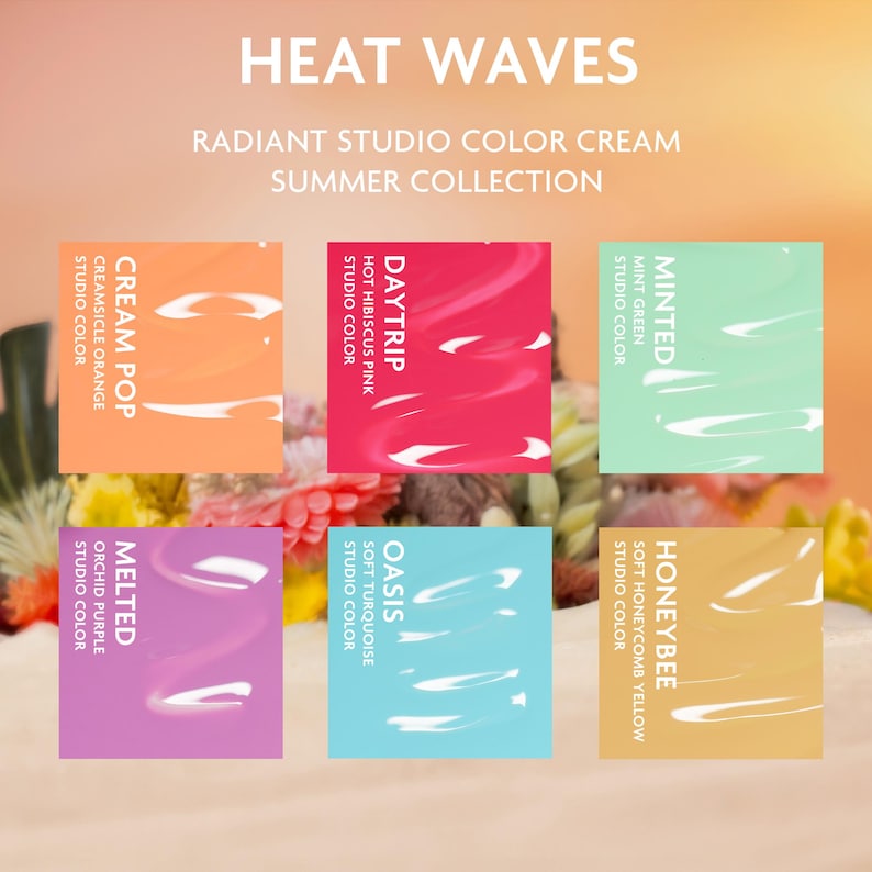 May include: Promotional image for the "Heat Waves" summer collection. Six squares of Radiant Studio Color Cream are shown, including Cream Pop, Daytrip, Minted, Melted, Oasis, and Honeybee. The text "Heat Waves" and "Summer Collection" are displayed at the top.